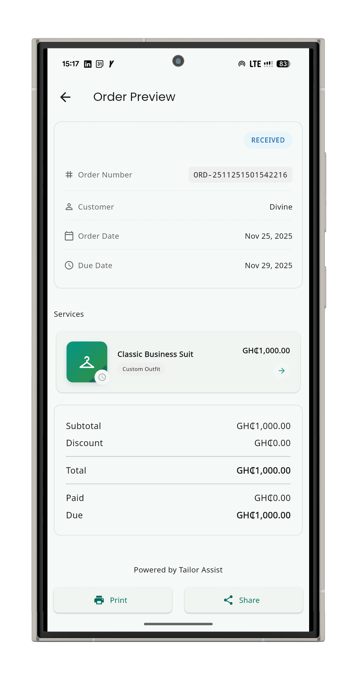 A clean mockup of the Tailor Assist app on a smartphone, showing the order detail.
